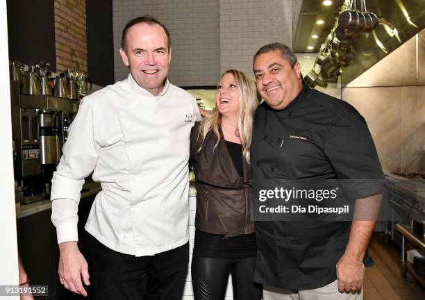 Chef Charlie Palmer, Chrissy Delisle, and chef Michael Mina attend the #Culinary Kickoff at Spoon And Stables Restaurant on February 1, 2018 in...