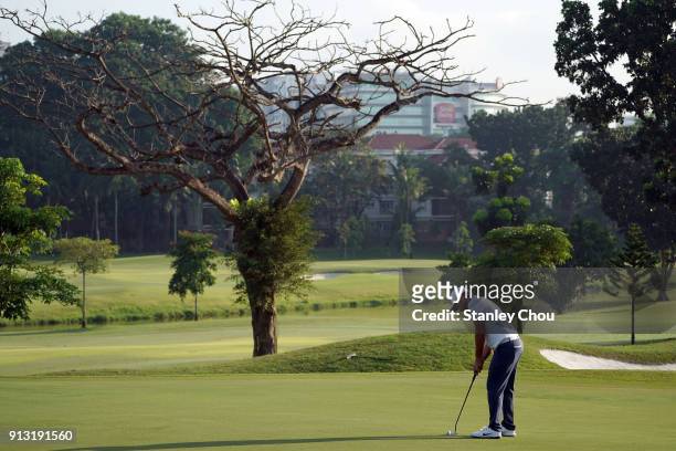 Alexander Levy of France plays a shot during day two of the 2018 Maybank Championship Malaysia at Saujana Golf and Country Club on February 2, 2018...