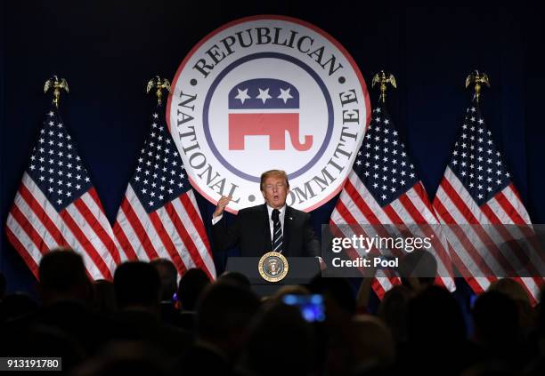 President Donald Trump speaks at the Republican National Committee winter meeting at the Trump International Hotel on February 1, 2018 in Washington,...