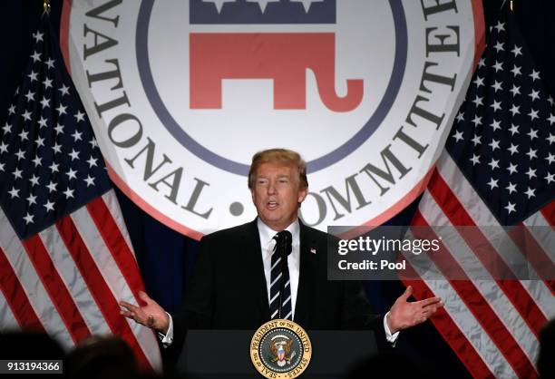 President Donald Trump speaks at the Republican National Committee winter meeting at the Trump International Hotel on February 1, 2018 in Washington,...