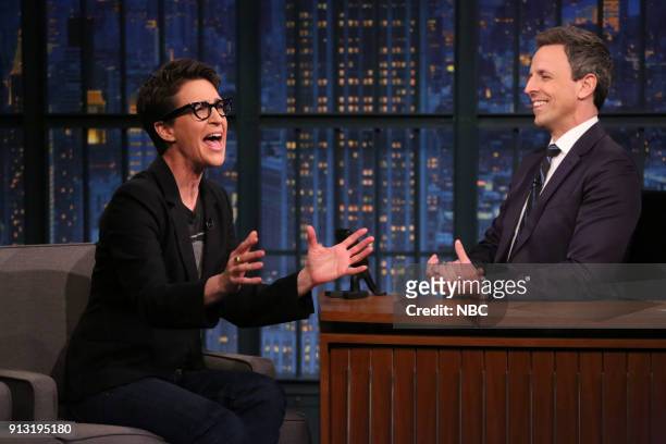 Episode 645 -- Pictured: Rachel Maddow during an interview with host Seth Meyers on February 1, 2018 --