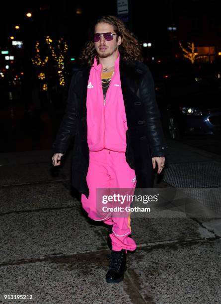 Andrew Watts out for dinner with girlfriend Rita Ora on February 1, 2018 in New York City.
