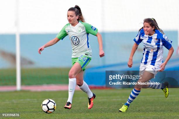 Joelle Wedemeyer of VfL Wolsburg Women Chalenges Sofia Hartard of SC Huelva during the friendly match between VfL Wolfsburg Women's and SC Huelva...