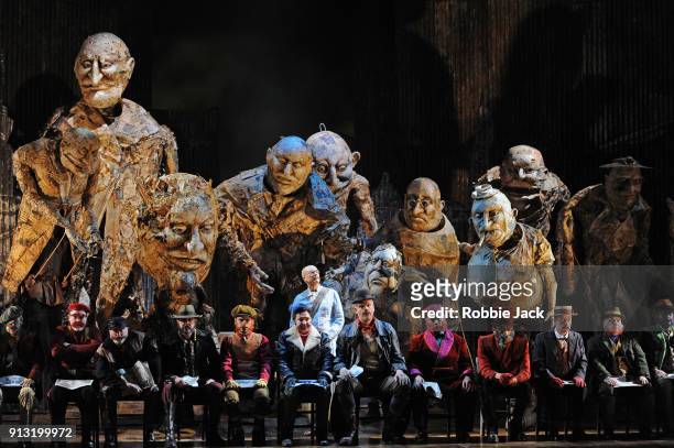 Toby Spence as M.K.Gandhi with artists of the company in English National Opera's production of Philip Glass's Satyagraha at The London Coliseum on...