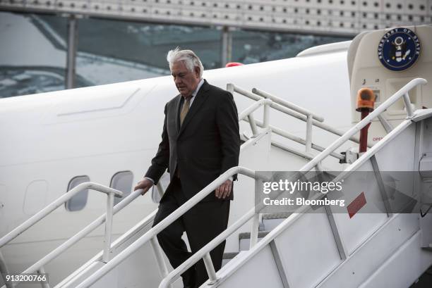 Rex Tillerson, U.S. Secretary of State, arrives at Benito Juarez International Airport in Mexico City, Mexico, on Thursday, Feb. 1, 2018. Tillerson...