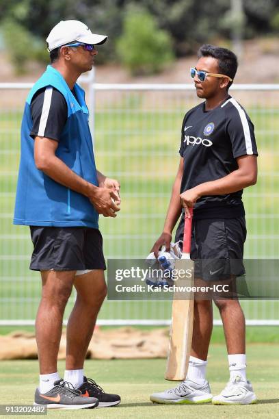 Head Coach Rahul Dravid and captain Prithvi Shaw of India look on during an India training session at Bay Oval on February 2, 2018 in Tauranga, New...