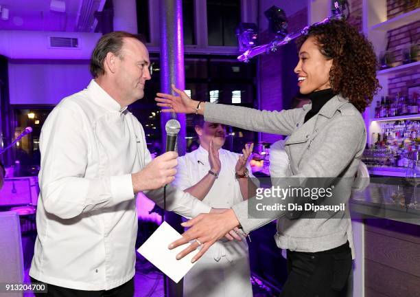 Chef Charlie Palmer and TV personality Sage Steele attend the #Culinary Kickoff at Spoon And Stables Restaurant on February 1, 2018 in Minneapolis,...
