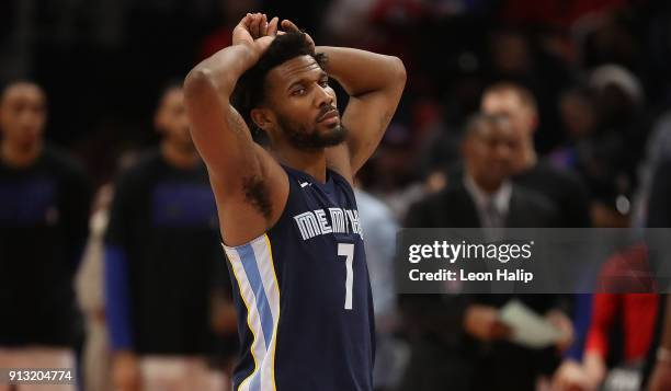 Wayne Selden of the Memphis Grizzlies watches the final second of the game run down during the game against the Detroit Pistons at Little Caesars...