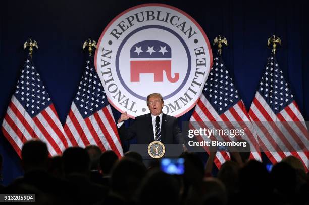 President Donald Trump delivers remarks during the Republican National Committee winter meeting at Trump International Hotel in Washington, D.C.,...