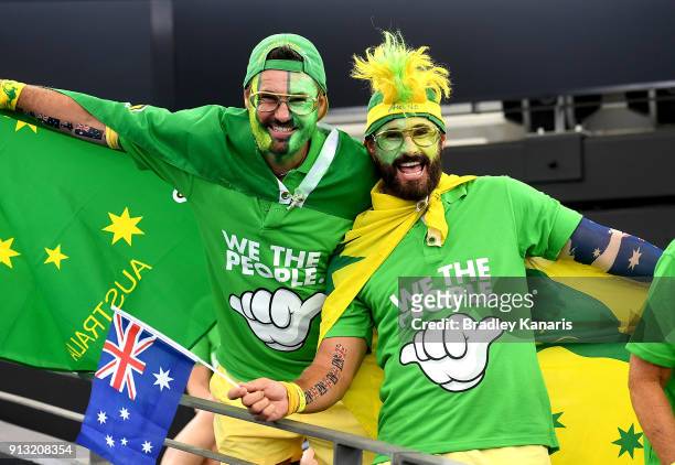 Australian fans show their colours during the Davis Cup World Group First Round tie between Australia and Germany at Pat Rafter Arena on February 2,...