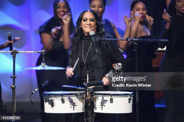 Sheila E. Performs with Sounds of Blackness onstage during BET Presents 19th Annual Super Bowl Gospel Celebration at Bethel University on February 1,...