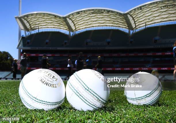 White practise balls during the Women's Big Bash League match between the Adelaide Strikers and the Sydney Sixers at Adelaide Oval on February 2,...