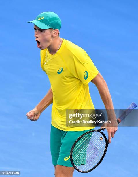 Alex de Minaur of Australia celebrates winning the second set against Alexander Zverev of Germany during the Davis Cup World Group First Round tie...