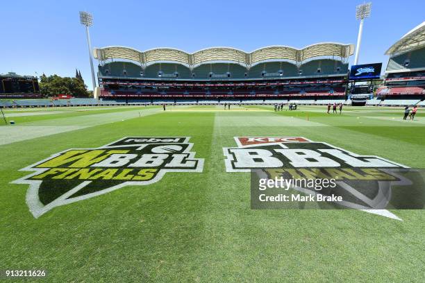 General view of ground signage during the Women's Big Bash League match between the Adelaide Strikers and the Sydney Sixers at Adelaide Oval on...