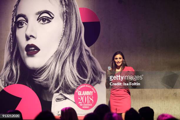 Produktmanager 'Oral b' Mahsan Salamat speaks on stage of the Glammy Award 2018 on February 1, 2018 in Munich, Germany.