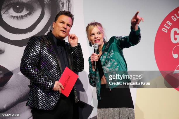 Guido Maria Kretschmer and Danielle Echtermeier on stage at the Glammy Award 2018 on February 1, 2018 in Munich, Germany.