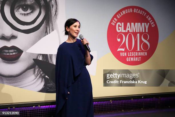 Sibel Kekilli speaks on stage at the Glammy Award 2018 on February 1, 2018 in Munich, Germany.