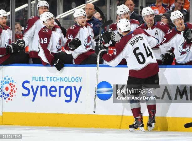 Nail Yakupov of the Colorado Avalanche celebrates after a goal during the game against the Edmonton Oilers on February 1, 2018 at Rogers Place in...