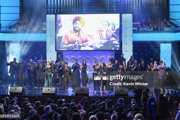 Erica Campbell, Ann Nesby and Sheila E. Perform onstage with Sounds of Blackness during BET Presents 19th Annual Super Bowl Gospel Celebration at...