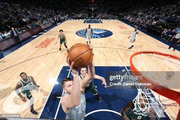 Cole Aldrich of the Minnesota Timberwolves handles the ball against the Milwaukee Bucks on February 1, 2018 at Target Center in Minneapolis,...