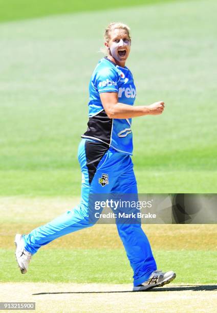 Sophie Devine of the Adelaide Strikers celebrates after taking the wicket of Alyssa Healy of the Sydney Sixers during the Women's Big Bash League...