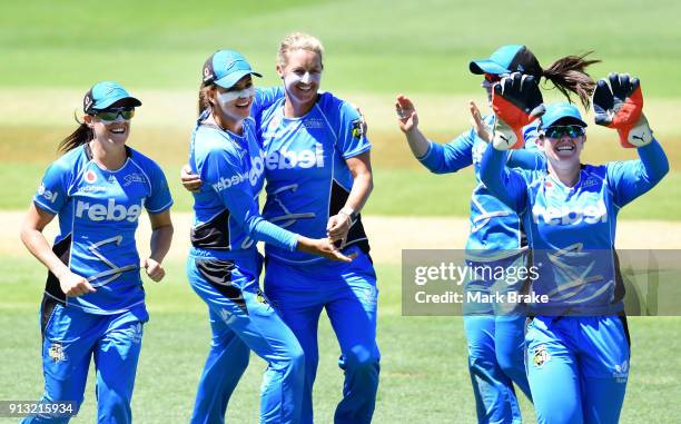 Sophie Devine of the Adelaide Strikers celebrates after taking the wicket of Alyssa Healy of the Sydney Sixers during the Women's Big Bash League...