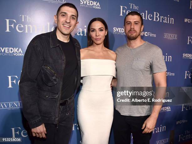 Andrew Schulz, Whitney Cummings, and Toby Kebbell attend the premiere of IFC Films' 'The Female Brain' at ArcLight Hollywood on February 1, 2018 in...