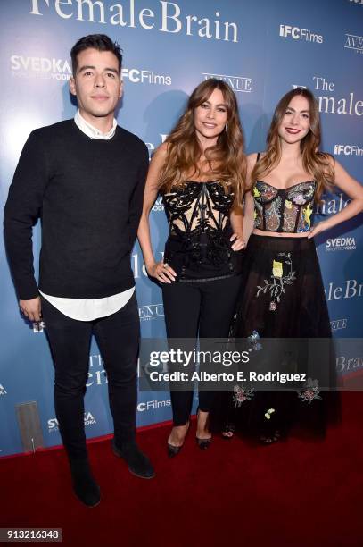 Manolo Vergara, Sofia Vergara and Claudia Vergara attend the premiere of IFC Films' 'The Female Brain' at ArcLight Hollywood on February 1, 2018 in...