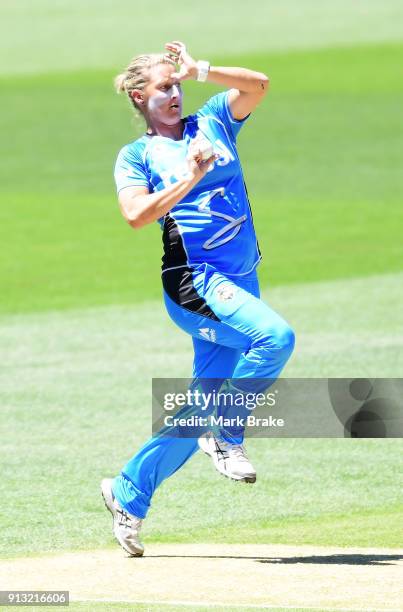 Sophie Devine of the Adelaide Strikers bowls during the Women's Big Bash League match between the Adelaide Strikers and the Sydney Sixers at Adelaide...