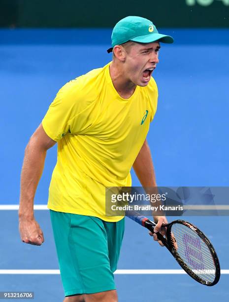 Alex de Minaur of Australia celebrates against Alexander Zverev of Germany during the Davis Cup World Group First Round tie between Australia and...