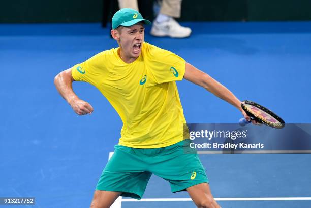 Alex de Minaur of Australia celebrates against Alexander Zverev of Germany during the Davis Cup World Group First Round tie between Australia and...