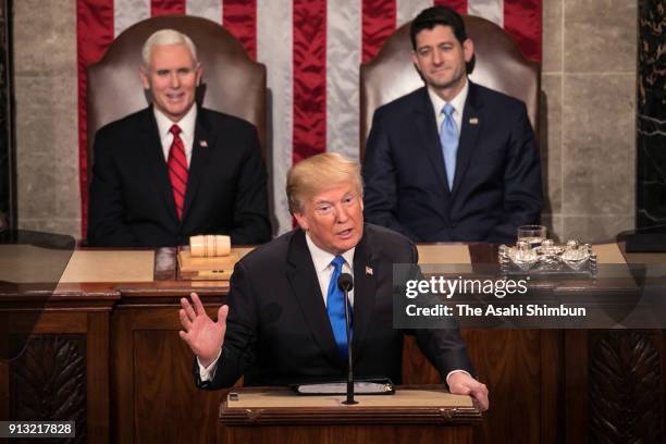 President Donald Trump addresses during the State of the Union address in the chamber of the U.S. House of Representatives on January 30, 2018 in...