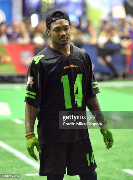 Player Stefon Diggs attends the Superstar Slime Showdown taping at Nickelodeon at the Super Bowl Experience on February 1, 2018 in Minneapolis,...