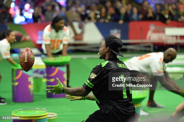 Player Stefon Diggs attends the Superstar Slime Showdown taping at Nickelodeon at the Super Bowl Experience on February 1, 2018 in Minneapolis,...