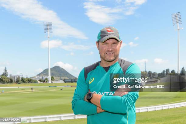 Head Coach Ryan Harris of Australia poses following an Australian training session at Bay Oval on February 2, 2018 in Tauranga, New Zealand.