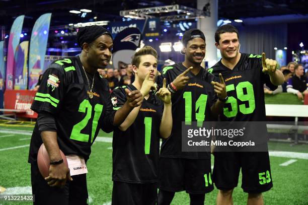 Former NFL player Deion Sanders, actor Ricardo Hurtado and NFL players Stefon Diggs and Luke Kuechly attend the Superstar Slime Showdown taping at...