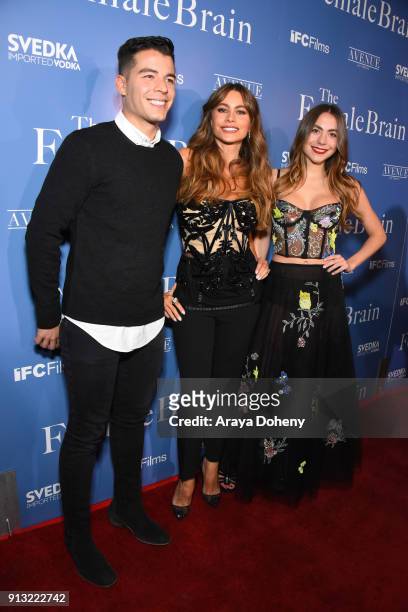 Manolo Vergara, Sofia Vergara and Claudia Vergara attend the premiere of IFC Films' 'The Female Brain' at ArcLight Hollywood on February 1, 2018 in...