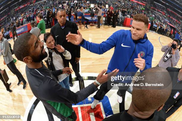 Kyrie Irving of the Boston Celtics and Blake Griffin of the LA Clippers shake hands before the game on January 24, 2018 at STAPLES Center in Los...