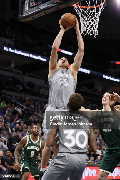 Cole Aldrich of the Minnesota Timberwolves goes to the basket against the Milwaukee Bucks on February 1, 2018 at Target Center in Minneapolis,...