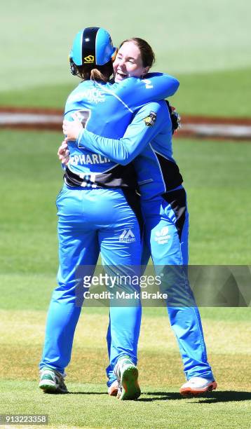 Amanda Wellington of the Adelaide Strikers celebrates after taking the wicket of Ashleigh Gardner of the Sydney Sixers during the Women's Big Bash...