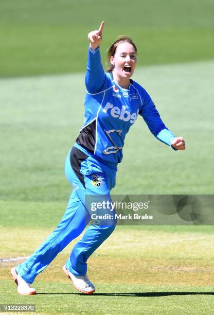 Amanda Wellington of the Adelaide Strikers celebrates after taking the wicket of Ashleigh Gardner of the Sydney Sixers during the Women's Big Bash...