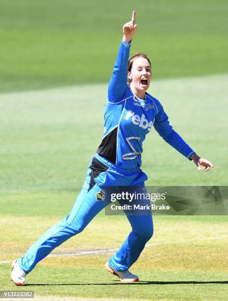 Amanda Wellington of the Adelaide Strikers celebrates after taking the wicket of Ashleigh Gardner of the Sydney Sixers during the Women's Big Bash...