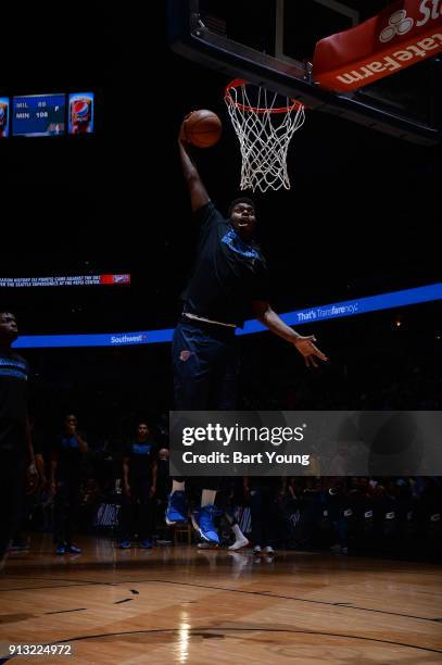 Dakari Johnson of the Oklahoma City Thunder warms up before the game against the Denver Nuggets on February 1, 2018 at the Pepsi Center in Denver,...