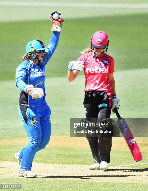 Tegan McPharlin of the Adelaide Strikers catches Erin Burns of the Sydney Sixers off Megan Schutt of the Adelaide Strikers bowling during the Women's...