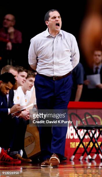 Head coach Steve Prohm of the Iowa State Cyclones yells from the bench in the first half of play at Hilton Coliseum on January 31, 2018 in Ames,...