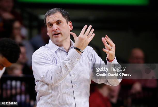 Head coach Steve Prohm of the Iowa State Cyclones reacts to a call in the first half of play against the West Virginia Mountaineers at Hilton...