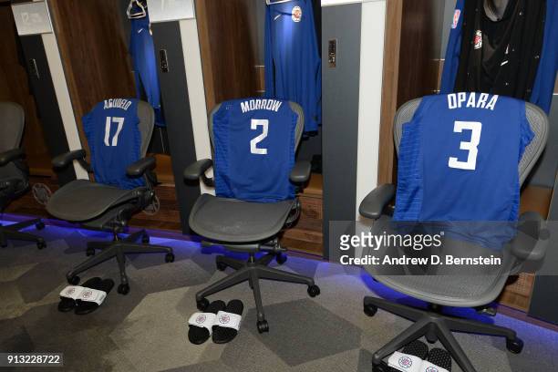 Jerseys of soccer players Ike Opara, Juan Agudelo and Justin Morrow are seen in the locker room before the game between the Boston Celtics and the LA...