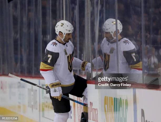 Jason Garrison of the Vegas Golden Knight heads into the penalty box during first period action against the Winnipeg Jets at the Bell MTS Place on...
