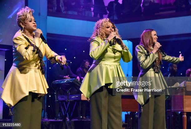 Jacky Clark-Chisholm, Dorinda Clark-Cole and Karen Clark Sheard of The Clark Sisters perform onstage during BET Presents 19th Annual Super Bowl...