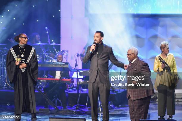 Snoop Dogg, Kelechi Jaavaid, Honoree Pastor Rance Allen and Jacky Clark-Chisholm speak onstage during BET Presents 19th Annual Super Bowl Gospel...